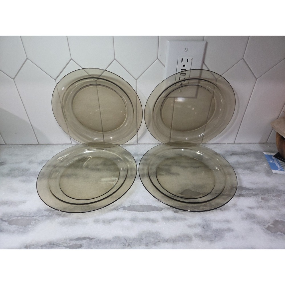 Arcoroc Smoke Gray Lunch Plates, Set‎ Of 4, Glass Dinnerware, Vintage Tableware